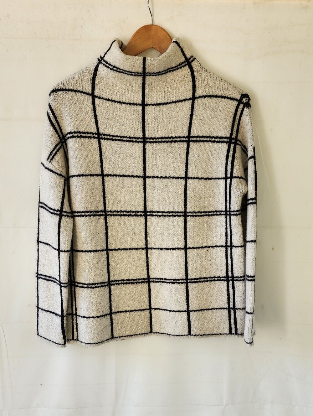 Christian Siriano Cream and Black Windowpane Cowl Neck Sweater